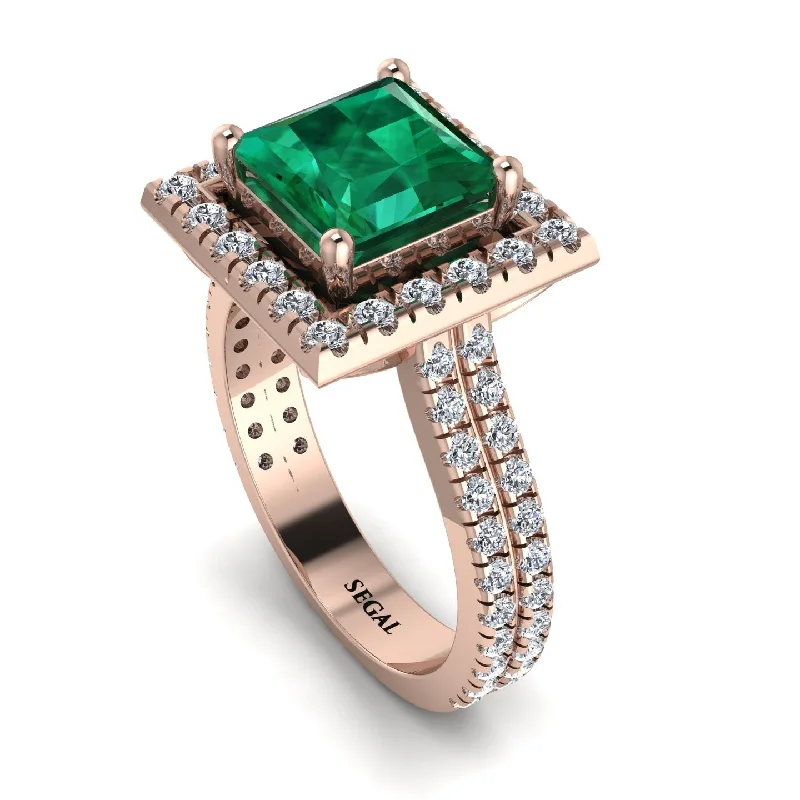 Vintage Rose Gold Ring-Gorgeous Princess Cut Emerald Pave Double Shank Engagement Ring With Hidden Stone - Margot No. 5