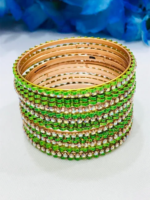 Heavy Wedding Bangles-Appealing Green Colored White Stoned Bangles For Girls