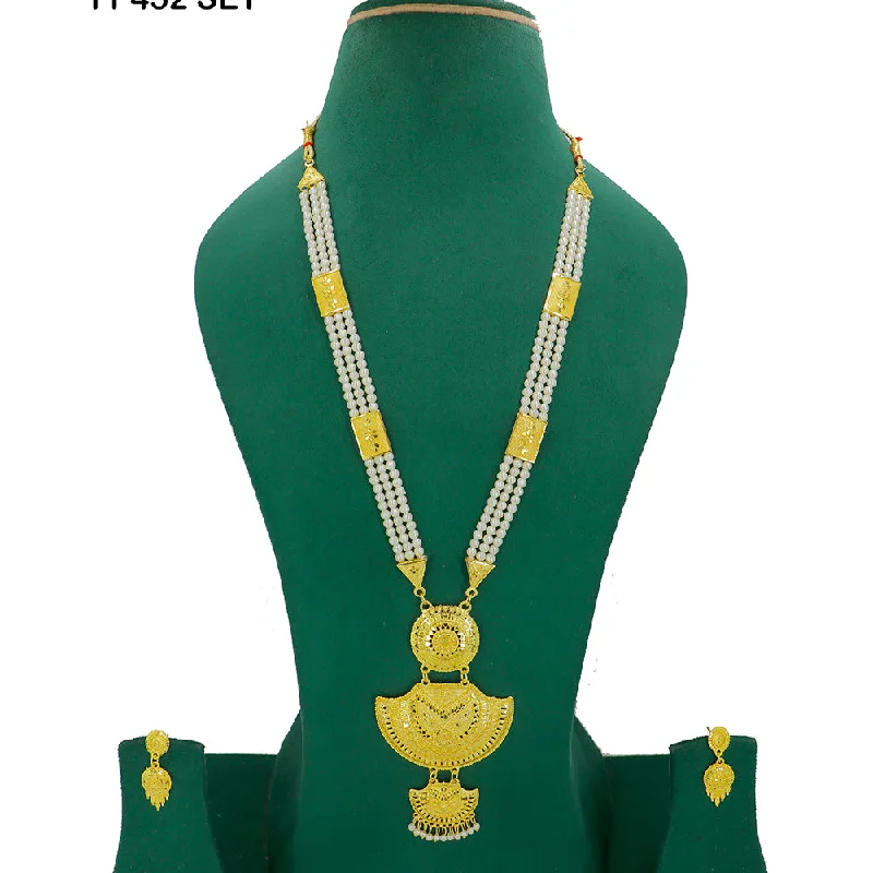 Layered Gold Necklace-Mahavir Gold Plated Pearls Long Necklace Set