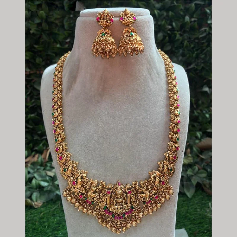 Colorful Gemstone Pendant Necklace-Royal Kundan Jewellery Gold Plated Pota Stone Temple Necklace Set