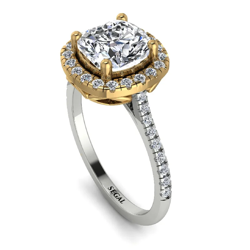 Designer Gold Ring-Two Tones Gorgeous Cushion Cut Diamond Pave Engagement Ring With Hidden Stone - Kira No. 77