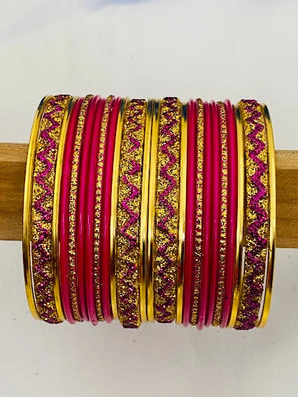 Personalized Nameplate Bangle-Gorgeous Traditional Pink Color Metal Bangles With Golden Glitters