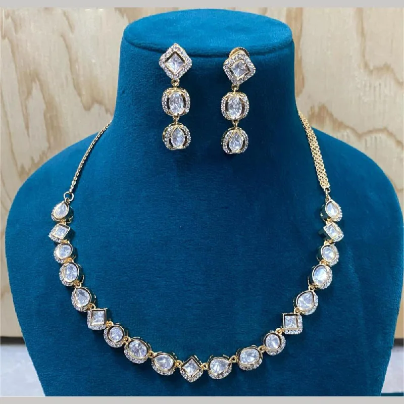 Long Gold Necklace-Royal Kundan Jewellery Gold Plated Crystal Stone Necklace Set