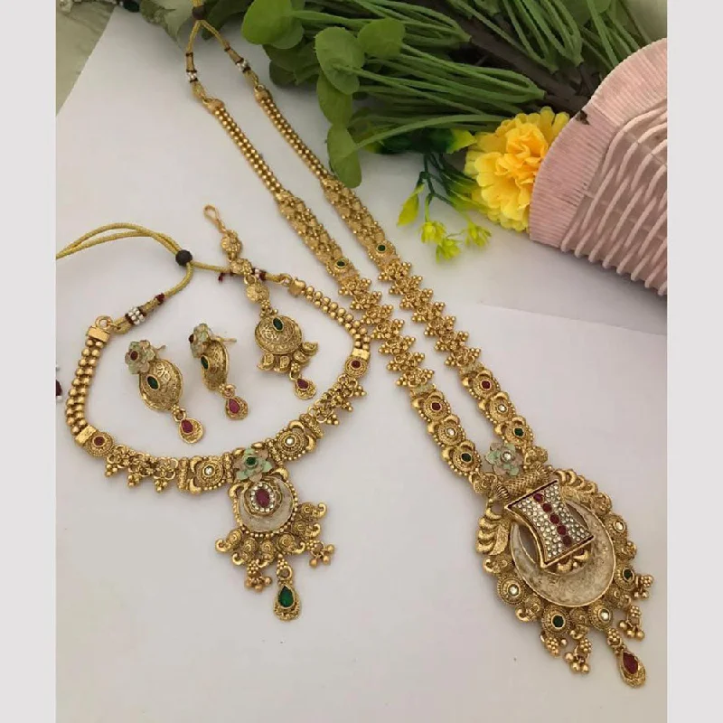 Layered Silver Necklace-FS Collection Gold Plated Pota Stone And Meenakari Double Necklace Set