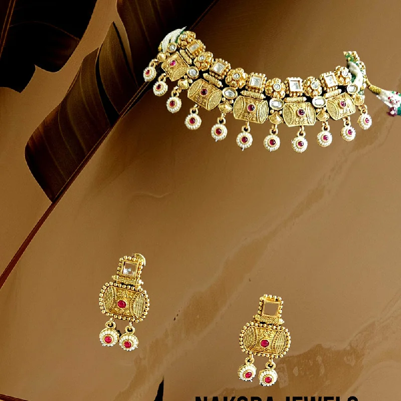 Bridal Wedding Necklace-Nakoda Jewels Brass Copper Gold Plated Pota Stone Choker Necklace Set