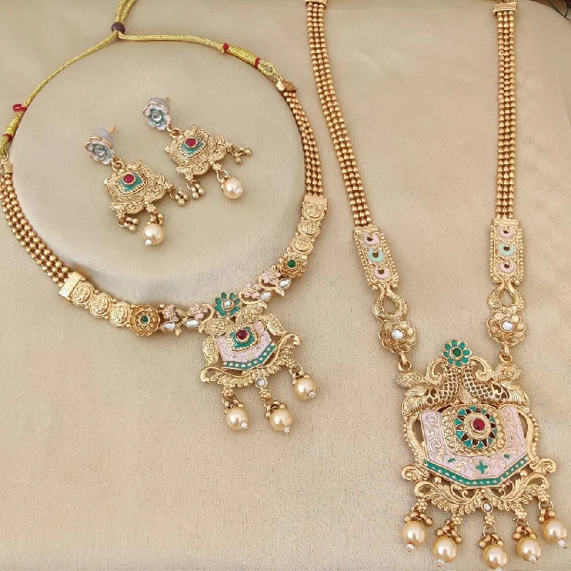 Vintage Pearl and Gold Necklace-FS Collection Gold Plated Pota Stone And Meenakari Double Necklace Set