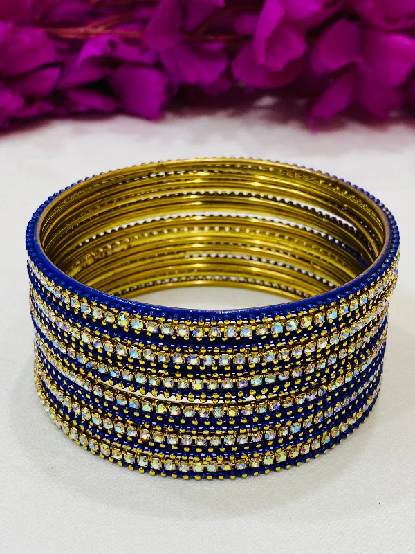 Gold Bangles with Emeralds-Graceful Blue Colored Metal Bangles With Stones For Women