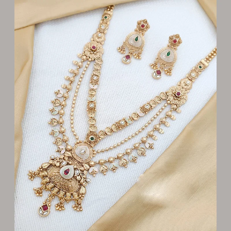 Fashionable Gold Necklace-Akruti Collection Gold Plated Kundan Stone And Meenakari Long Necklace Set