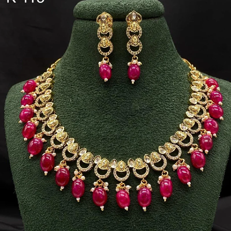 Simple Gemstone Necklace-Royal Kundan Jewellery Gold Plated Polki Kundan And Beads Necklace Set