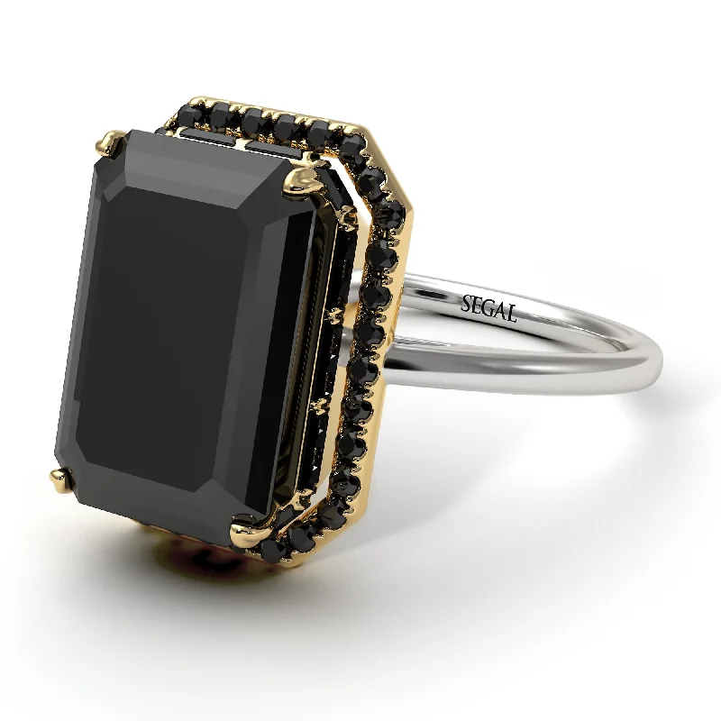 Fancy Diamond Ring-Two Tones Halo Emerald Cut Black Diamond Ring With Hidden Diamonds - Rowan No. 80