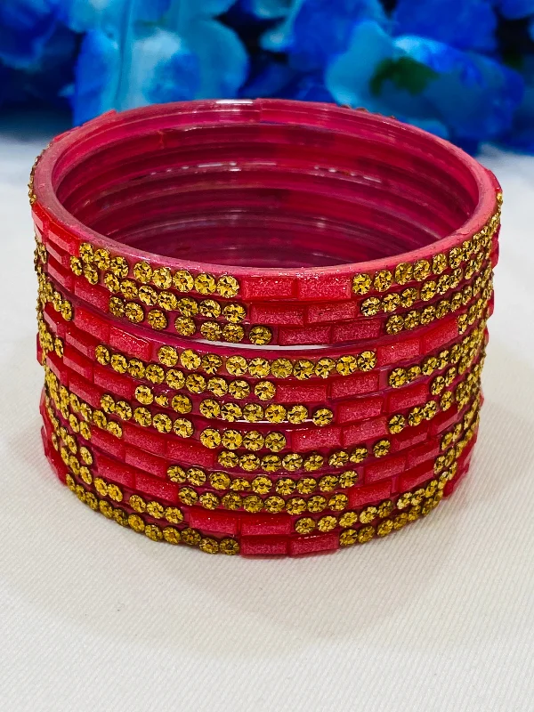 Ethnic Gold Bangles-Charming Pink Color Stone Design Glass Bangles For Women