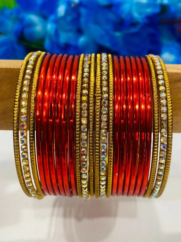 Stackable Bangles for Brides-Pretty Red Color Beads studded Designer Metal Bangles