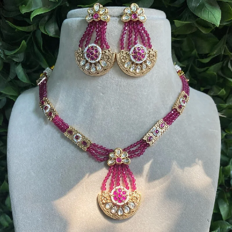 Gold Heart Necklace-Amoliya Jewels Gold Plated Polki Kundan Stone And Beads Necklace Set