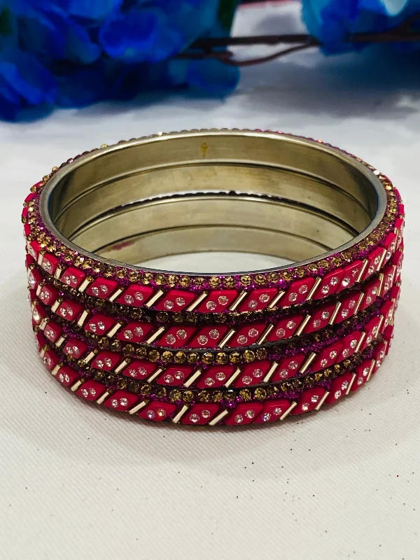 Handcrafted Gold Bangles Set-Lovely Dark Pink Color Metal Bangles With White Stone Work For Women