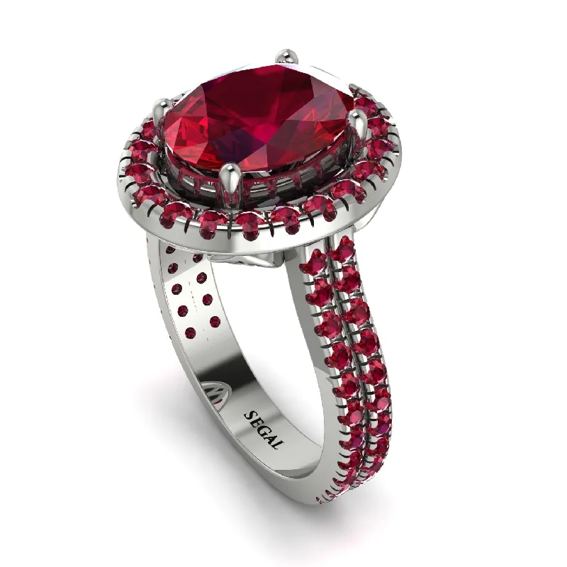 Stackable Silver Ring-Gorgeous Oval Cut Ruby Pave Double Shank Engagement Ring With Hidden Stone - Phoebe No. 57