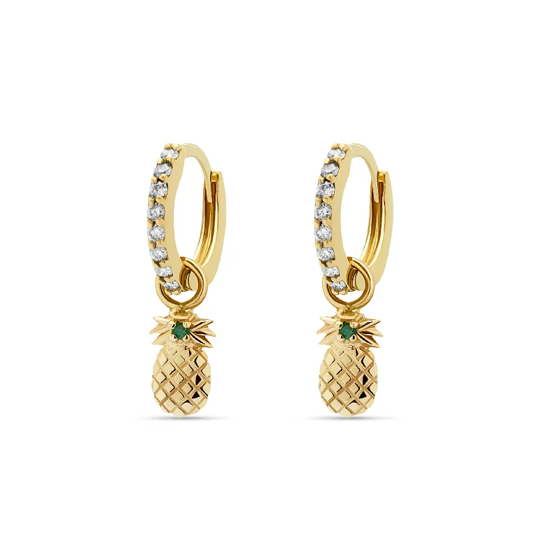 Cute Animal Earrings-Diamond Pineapple Huggies - 14 karat gold huggie earrings, diamonds 0.22 ct, emerald 0.03 ct