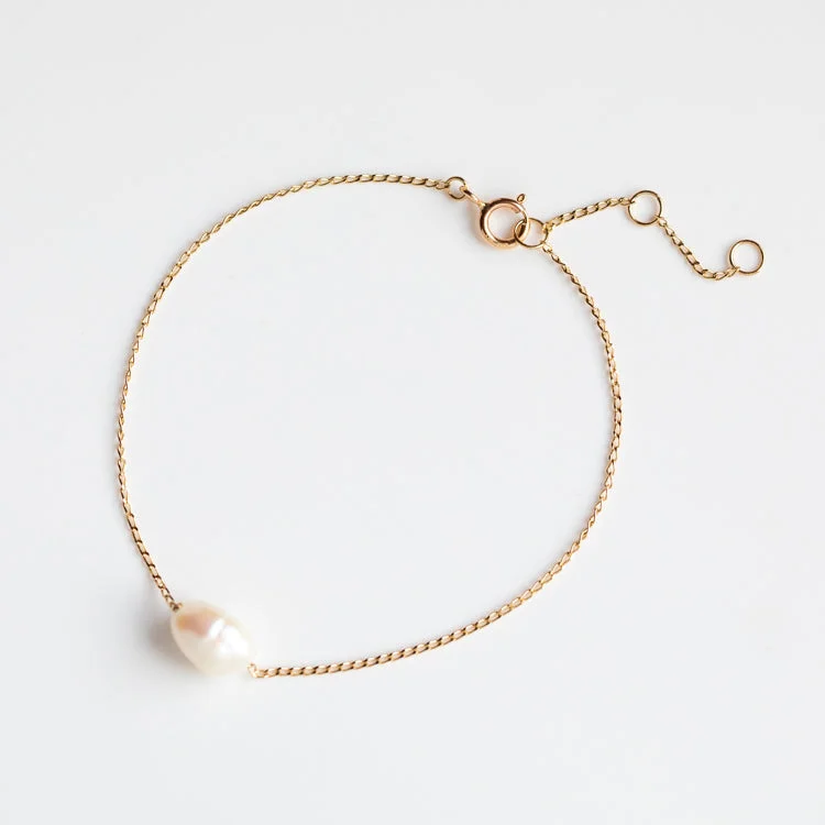 Unique Gold Bracelets-Solid Gold Single Pearl Chain Bracelet