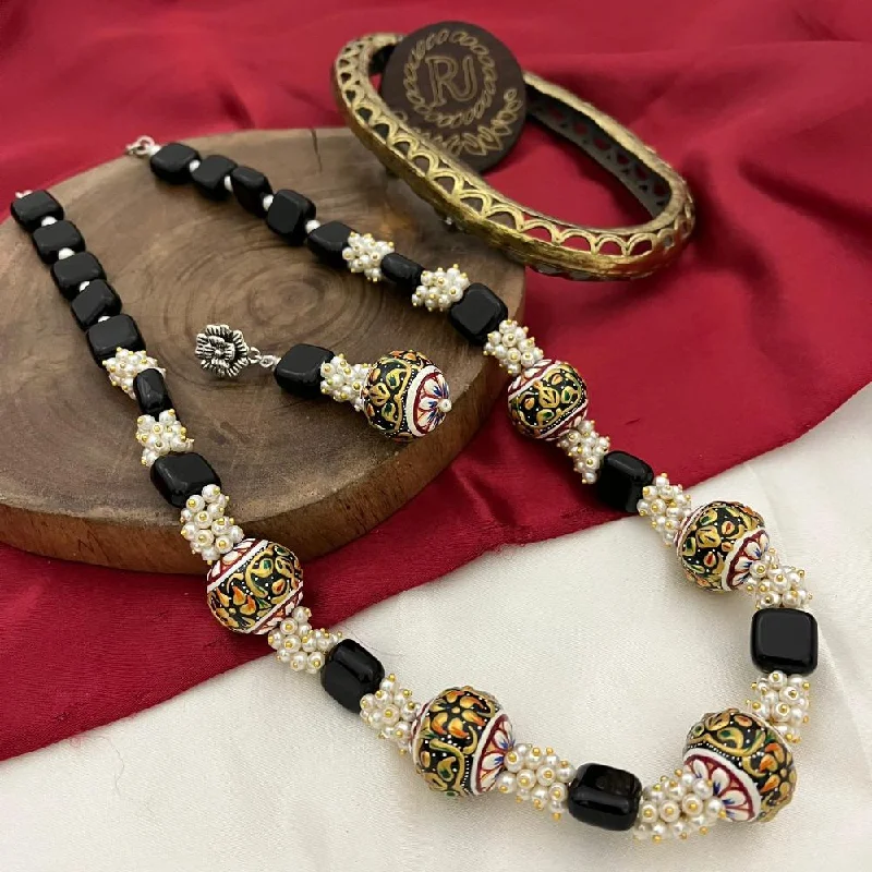 Art Deco Necklace-FS Collection Oxidised Plated Meenakari And Pearls Long Necklace Set