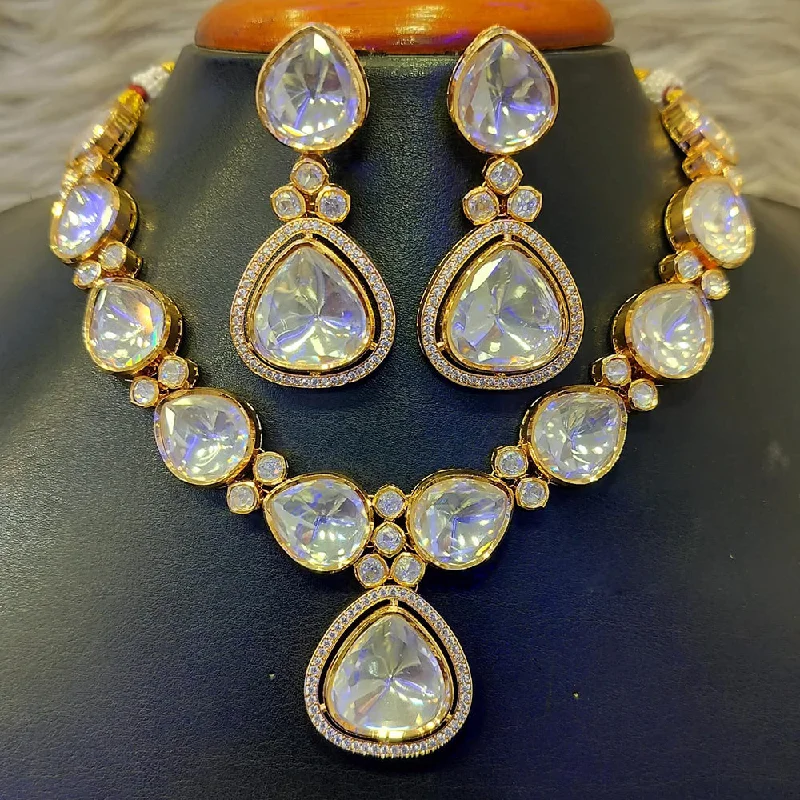 Bold Crystal Necklace-Jain Jewellers Gold Plated Polki Kundan Stone Necklace Set