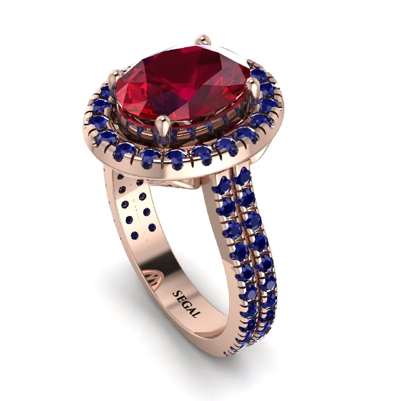 Elegant Round Diamond Ring-Gorgeous Oval Cut Ruby Pave Double Shank Engagement Ring With Hidden Stone - Phoebe No. 71