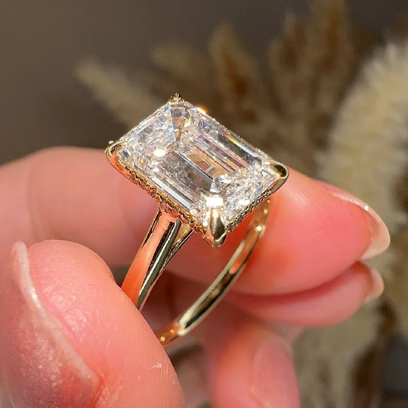 Silver Wedding Ring-"Dream" 4 Carat Hidden Under Halo Emerald Cut Yellow Gold Engagement Ring