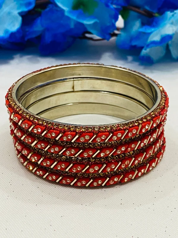 Set of Gold Bangles-Elegant Red Color Metal Bangles With White Stone For Women