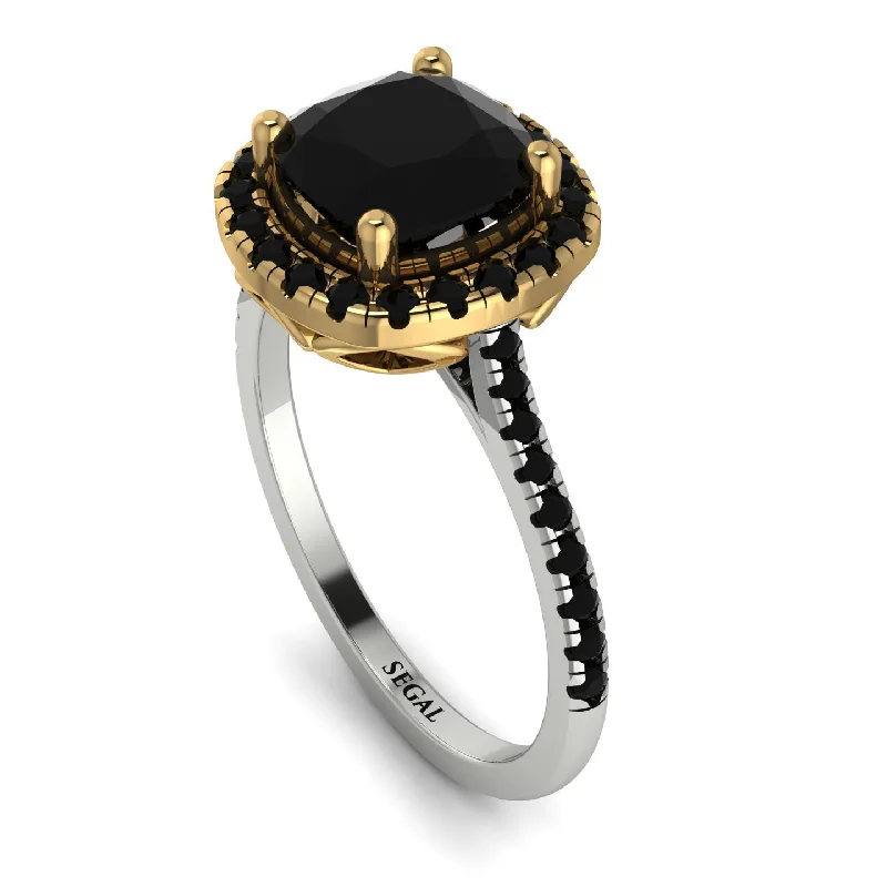 Statement Emerald Ring-Two Tones Gorgeous Cushion Cut Black Diamond Pave Engagement Ring With Hidden Stone - Kira No. 80