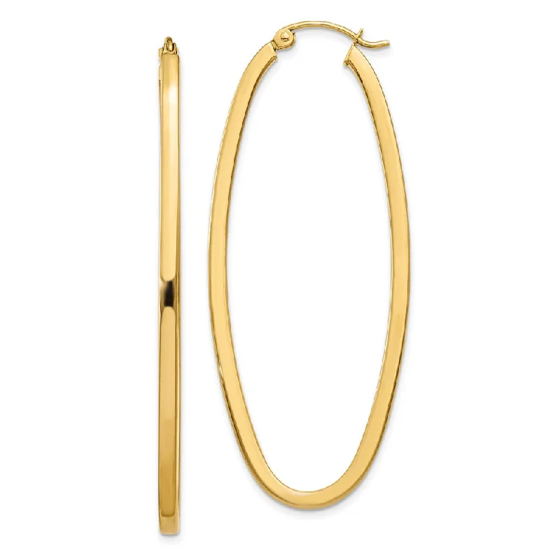 Lightweight Dangle Earrings-2mm, 14k Yellow Gold Square Tube Oval Hoop Earrings, 50mm (1 7/8 Inch)