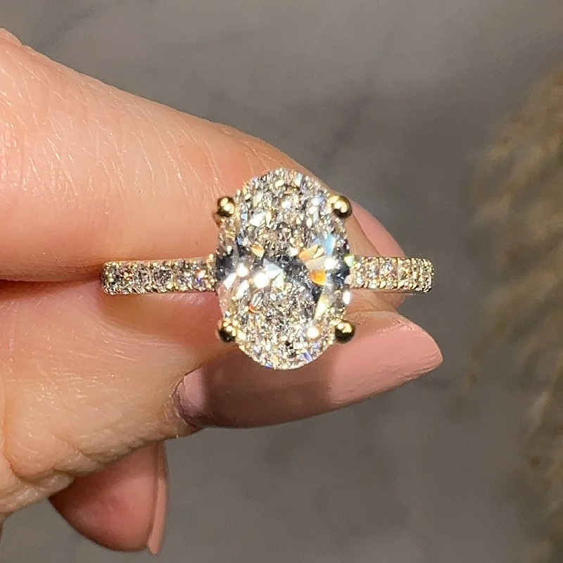 Designer Wedding Ring-"Raquel" Hidden Under Halo 1.90 Carat Oval Cut Diamond Shoulders Yellow Gold Engagement Ring