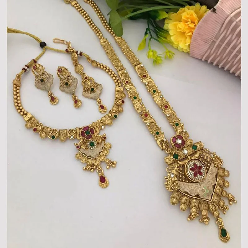 Multi-Strand Necklace-FS Collection Gold Plated Pota Stone And Meenakari Double Necklace Set