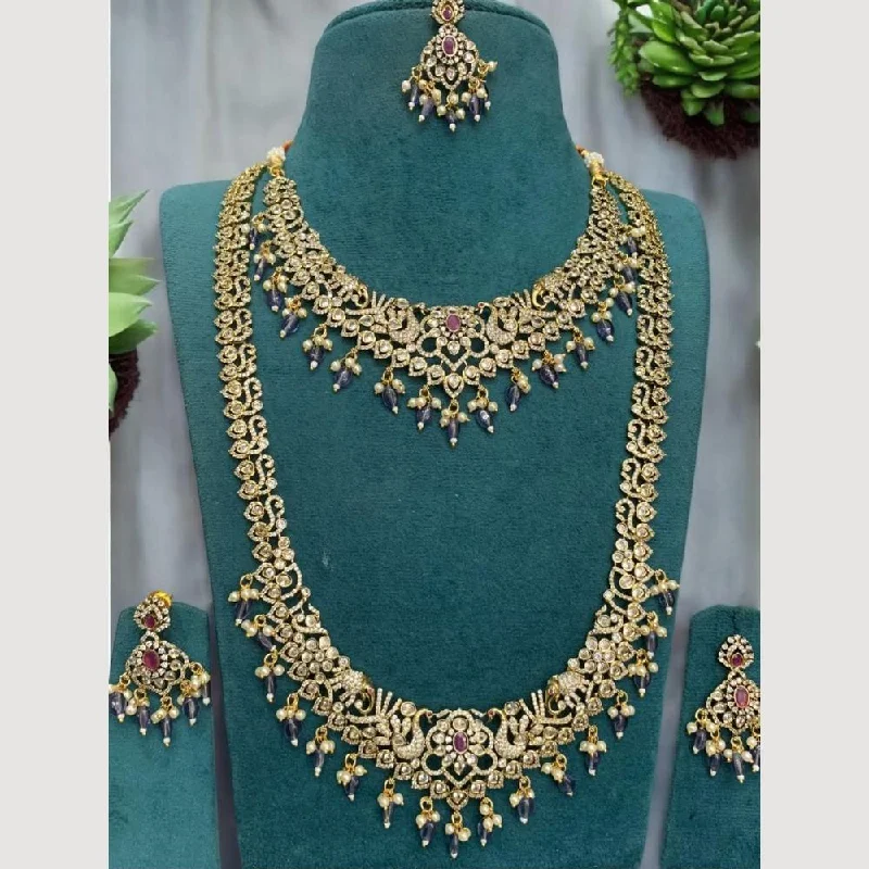 Art Deco Necklace-Sona Creation Gold Plated Austrian Stone And Beads Double Necklace Set