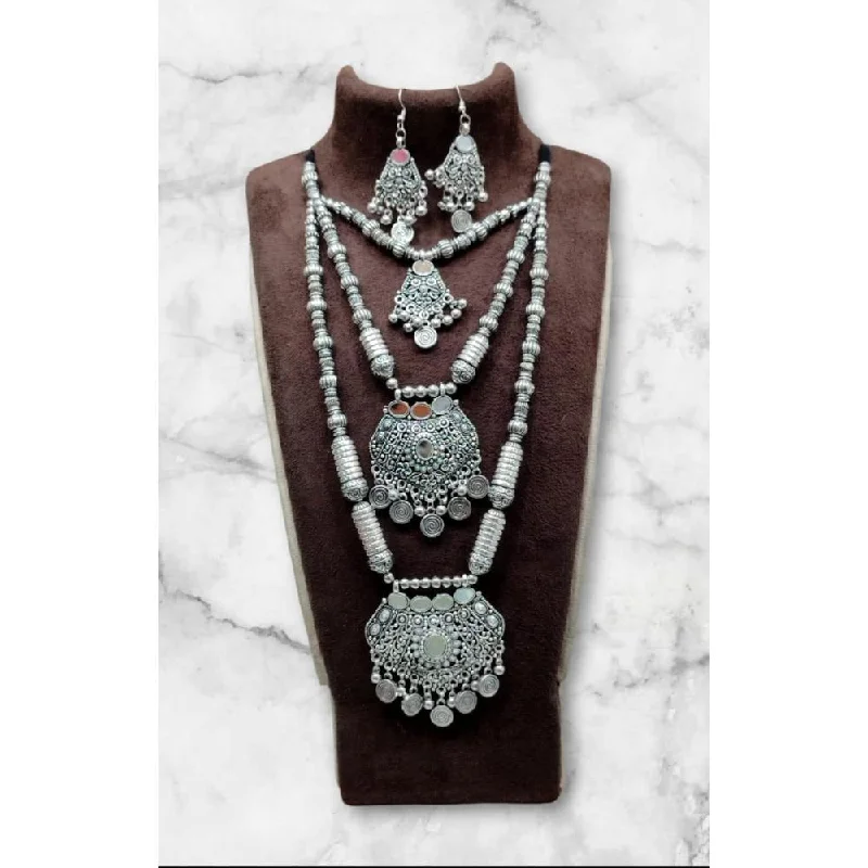 Personal Name Necklace-Akruti Collection Oxidised  Plated Long mirror Necklace Set