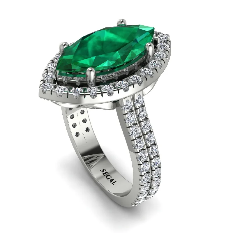 Silver Engagement Ring for Women-Gorgeous Marquise Cut Emerald Pave Double Shank Engagement Ring With Hidden Stone - Miriam No. 6