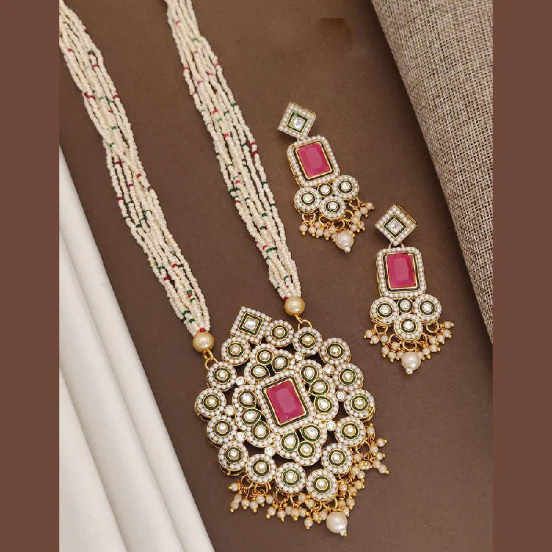 Unique Personalized Necklace-Akruti Collection Gold Plated Kundan Stone And Pearls Long Necklace Set