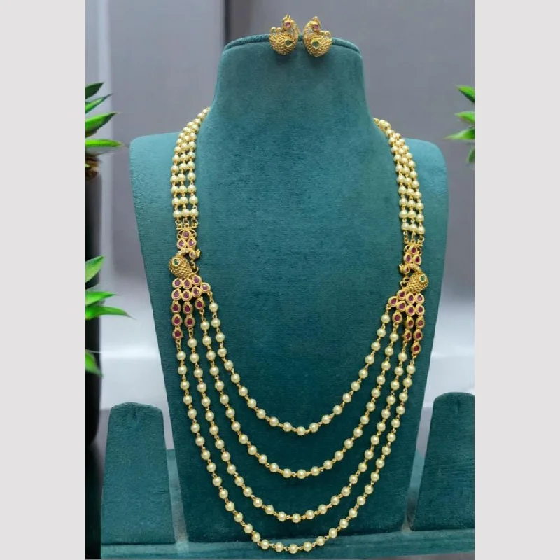 Gold Bar Necklace-Sona Creation Gold Plated Pota Stone And Pearls Long Necklace Set