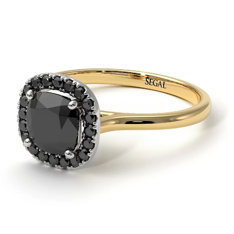 Elegant Round Diamond Ring-Two Tones Vintage Classic Halo Cushion Black Diamond Ring - Skylar No. 80