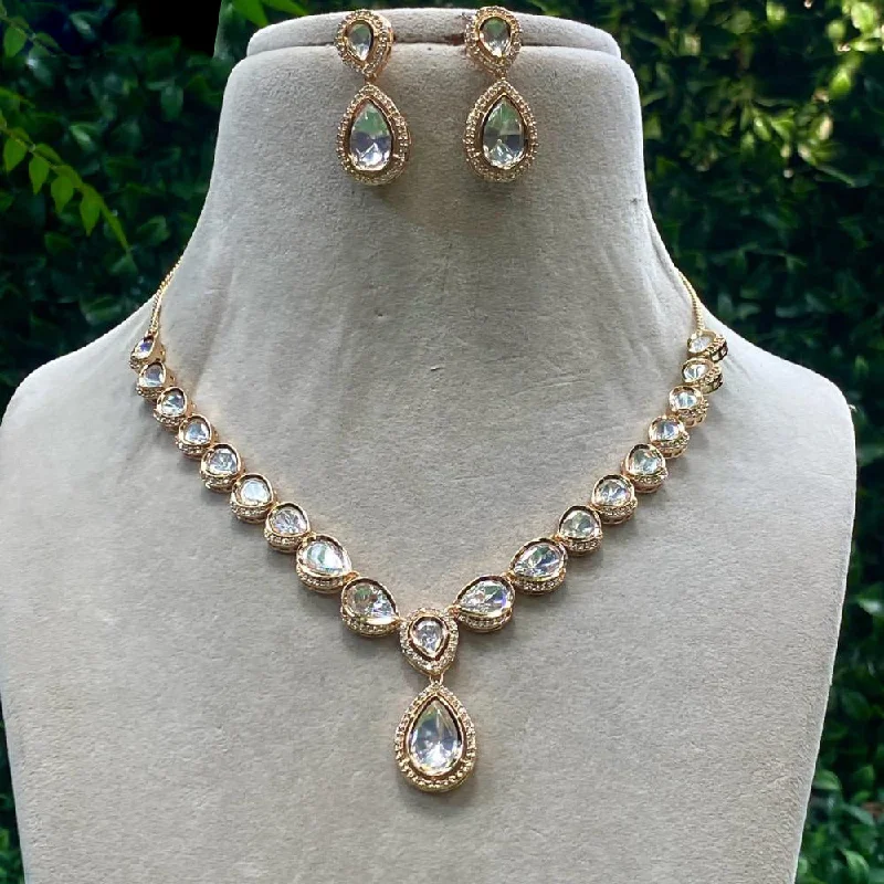 Unique Designer Necklace-Royal Kundan Jewellery Gold Plated Crystal Stone Necklace Set