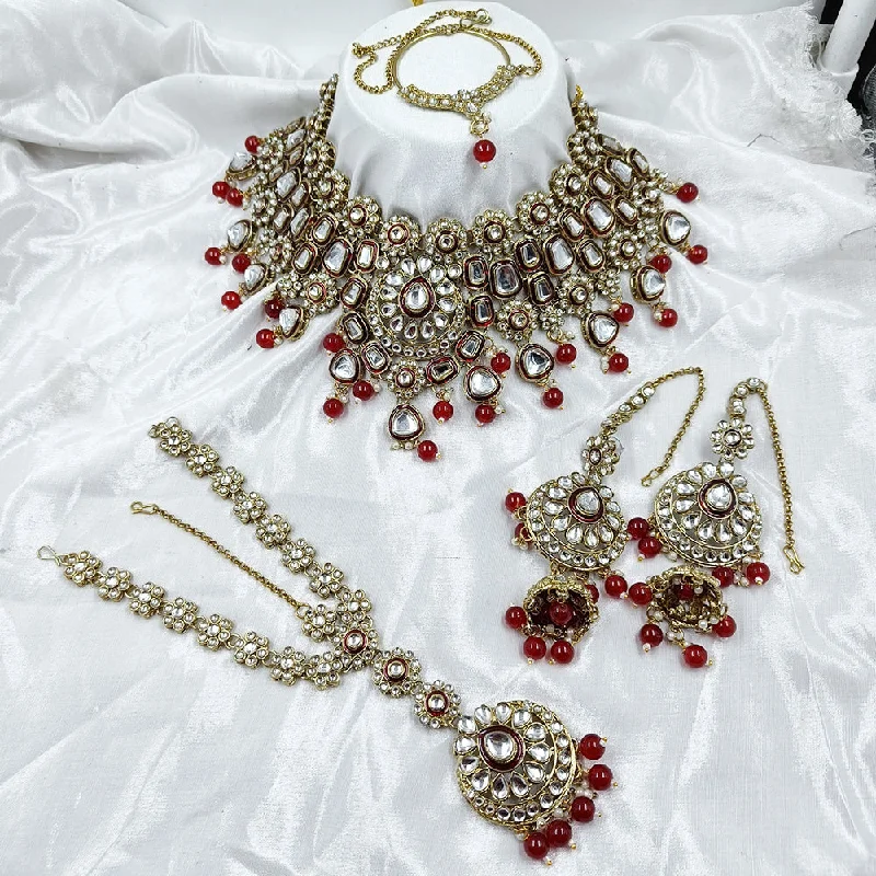 Custom Birthstone Necklace-Gehana Mahal Gold Plated Kundan Stone Semi Bridal Necklace Set