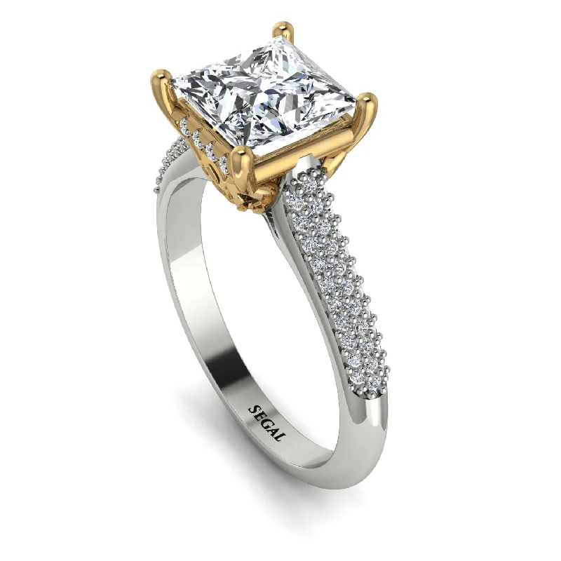 Large Gold Ring-Two Tones Luxury Pave Princess Cut Diamond Engagement Ring With Hidden Stone - Sabrina No. 77