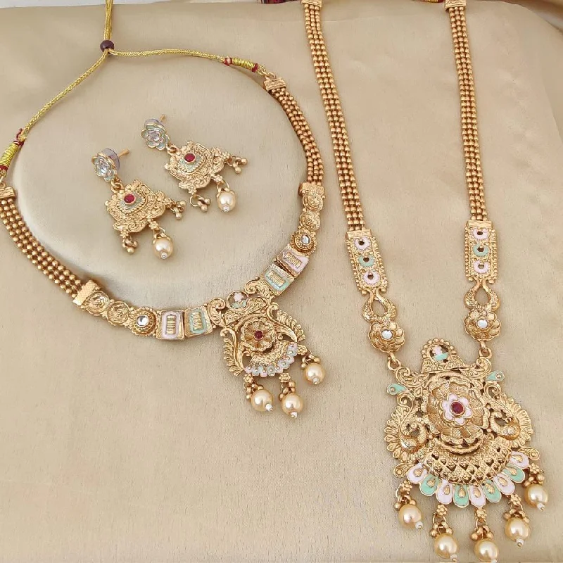 Multi-Colored Stone Necklace-FS Collection Gold Plated Pota Stone And Meenakari Double Necklace Set