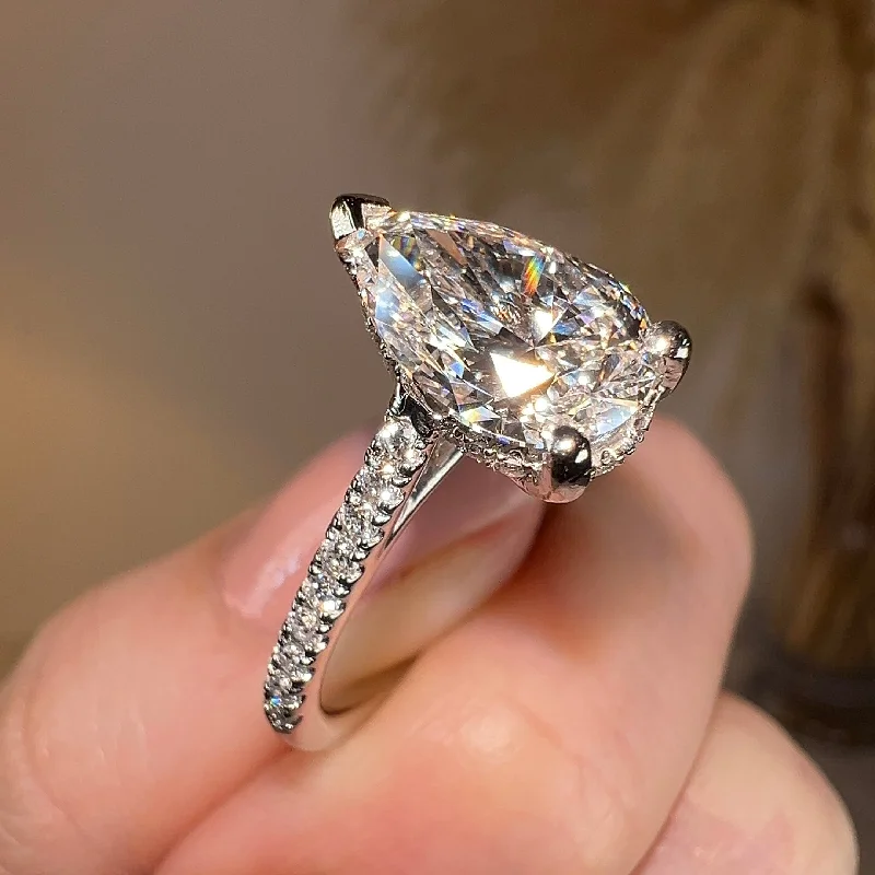 Romantic Heart Ring-"Bambi" Under Hidden Halo 3 Carat Pear Cut Diamond Shoulders Engagement Ring