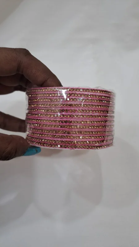 Silver Bangles Set-Alluring Dark Pink Color Glass Bangles With Glittering Stones For Women