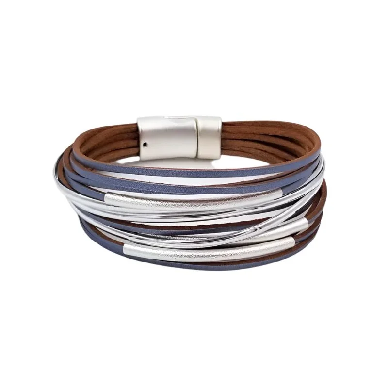 Custom Leather and Gold Bracelets-Matte Silver Blue Gray Leather Bracelet