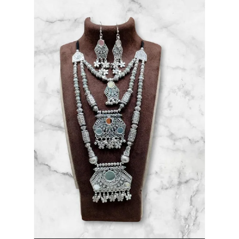 Personalized Pendant Necklace-Akruti Collection Oxidised  Plated Long mirror Necklace Set