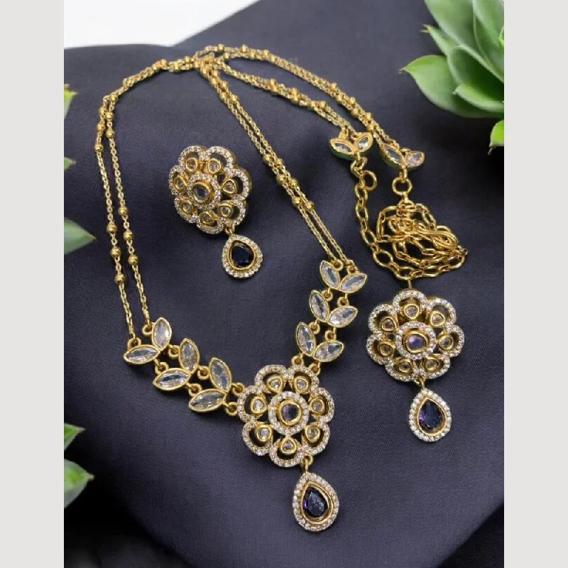 Vintage Crystal Necklace-Sona Creation Gold Plated Crystal Stone Long Necklace Set