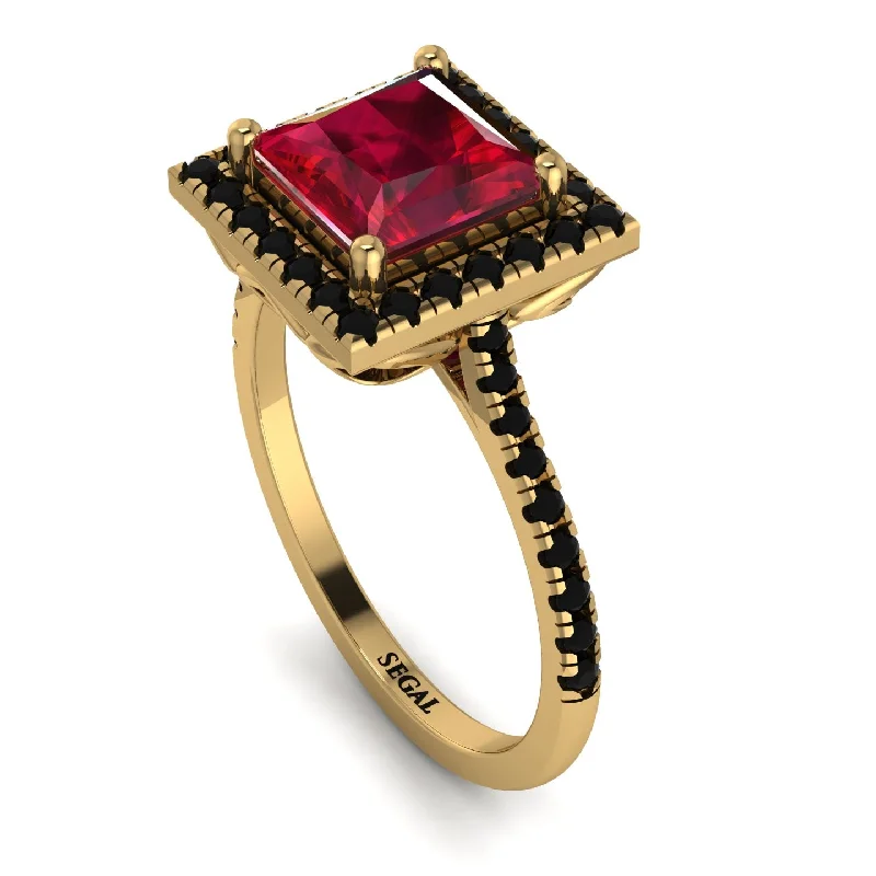 Classic Gold Band Ring-Gorgeous Princess Cut Ruby Pave Engagement Ring With Hidden Stone - Margot No. 40