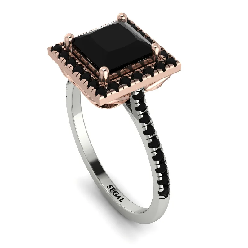 Simple Stacking Ring-Two Tones Gorgeous Princess Cut Black Diamond Pave Engagement Ring With Hidden Stone - Margot No. 81