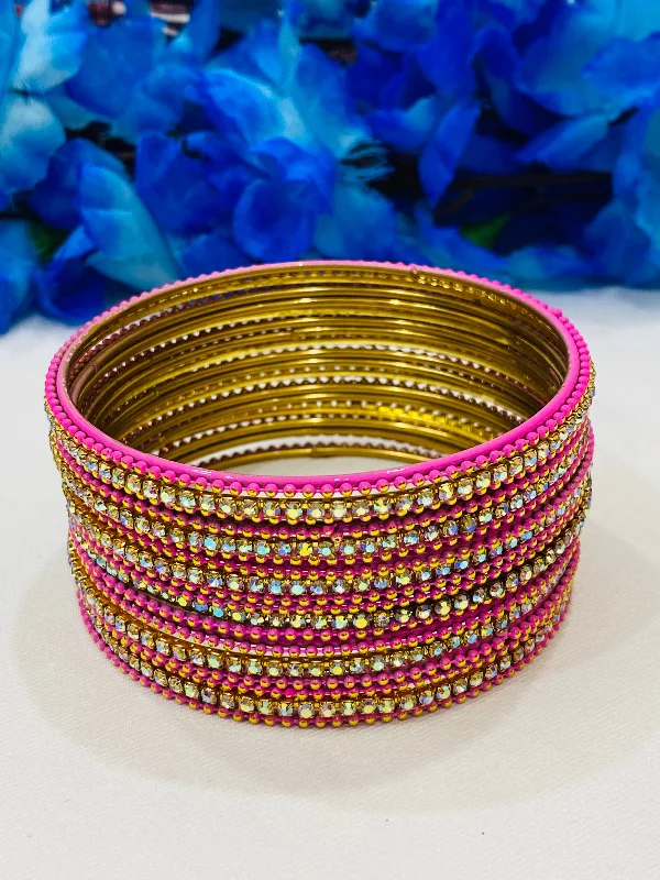 Sparkling Silver Bangle Set-Attractive Pink Color Metal Bangles For Women