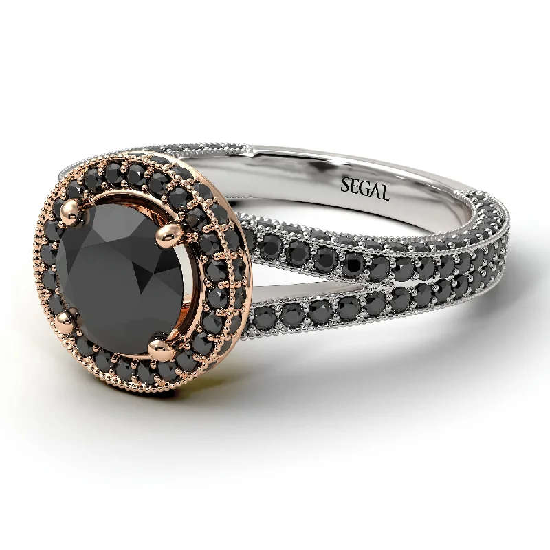 Elegant Pearl Ring-Two Tones Milgrain Round Black Diamond Engagement Ring - Payton No. 81