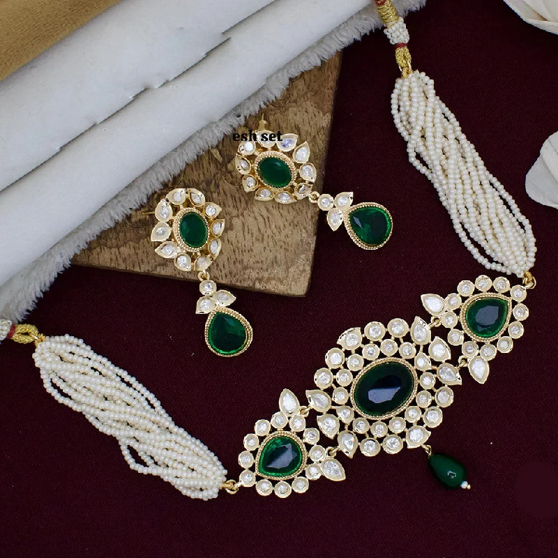 Diamond and Pearl Necklace-JCM Gold Plated Polki Kundan Stone And Pearls Choker Necklace Set